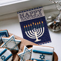 Load image into Gallery viewer, The inside of Tree-Free’s Jerusalem Mosaic Menorah card, with the cover and envelope in the background.