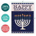 Load image into Gallery viewer, The cover of Tree-Free’s Jerusalem Mosaic Menorah card with lines demonstrating its 5x7 dimensions, along with the following text: “100% PCW recycled paper, proudly made in the USA, sustainably printed on extra-thick card stock”