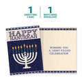 Load image into Gallery viewer, The cover and inside of Tree-Free’s Jerusalem Mosaic Menorah Hanukkah Card card, along with the following text: “1 greeting card, 1 matching envelope”