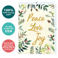 Load image into Gallery viewer, The cover of Tree-Free’s Peace Joy Watercolor card with lines demonstrating its 5x7 dimensions, along with the following text: “100% PCW recycled paper, proudly made in the USA, sustainably printed on extra-thick card stock”