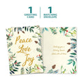Load image into Gallery viewer, The cover and inside of Tree-Free’s Peace Joy Watercolor Holiday Card card, along with the following text: “1 greeting card, 1 matching envelope”