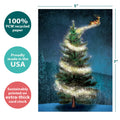 Load image into Gallery viewer, The cover of Tree-Free’s Magical Reindeer card with lines demonstrating its 5x7 dimensions, along with the following text: “100% PCW recycled paper, proudly made in the USA, sustainably printed on extra-thick card stock”