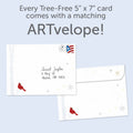 Load image into Gallery viewer, The envelope for Tree-Free’s Christmas Cardinals card, along with the following text: “Every Tree-Free 5x7 card comes with a matching ARTvelope!”