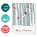 Load image into Gallery viewer, The cover of Tree-Free’s Christmas Cardinals card with lines demonstrating its 5x7 dimensions, along with the following text: “100% PCW recycled paper, proudly made in the USA, sustainably printed on extra-thick card stock”