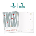 Load image into Gallery viewer, The cover and inside of Tree-Free’s Christmas Cardinals Holiday Card card, along with the following text: “1 greeting card, 1 matching envelope”