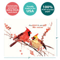 Load image into Gallery viewer, The cover of Tree-Free’s Peace Birds Holiday Card card with lines demonstrating its 5x7 dimensions, along with the following text: “100% PCW recycled paper, proudly made in the USA, sustainably printed on extra-thick card stock”