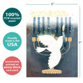 Load image into Gallery viewer, The cover of Tree-Free’s Peace Dove Menorah card with lines demonstrating its 5x7 dimensions, along with the following text: “100% PCW recycled paper, proudly made in the USA, sustainably printed on extra-thick card stock”