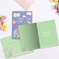 Load image into Gallery viewer, The inside of Tree-Free’s Birthday Party Animals card, with the cover and envelope in the background.