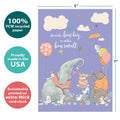 Load image into Gallery viewer, The cover of Tree-Free’s Birthday Party Animals card with lines demonstrating its 5x7 dimensions, along with the following text: “100% PCW recycled paper, proudly made in the USA, sustainably printed on extra-thick card stock”