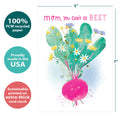 Load image into Gallery viewer, The cover of Tree-Free’s Can't Be Beet card with lines demonstrating its 5x7 dimensions, along with the following text: “100% PCW recycled paper, proudly made in the USA, sustainably printed on extra-thick card stock”