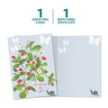 Load image into Gallery viewer, The cover and inside of Tree-Free’s Strawberry Plant Thinking Of You Card card, along with the following text: “1 greeting card, 1 matching envelope”