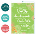 Load image into Gallery viewer, The cover of Tree-Free’s Mark Twain Health card with lines demonstrating its 5x7 dimensions, along with the following text: “100% PCW recycled paper, proudly made in the USA, sustainably printed on extra-thick card stock”