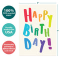 Load image into Gallery viewer, The cover of Tree-Free’s Birthday Rainbow card with lines demonstrating its 5x7 dimensions, along with the following text: “100% PCW recycled paper, proudly made in the USA, sustainably printed on extra-thick card stock”