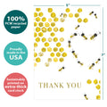 Load image into Gallery viewer, The cover of Tree-Free’s Bee Kind card with lines demonstrating its 5x7 dimensions, along with the following text: “100% PCW recycled paper, proudly made in the USA, sustainably printed on extra-thick card stock”