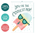 Load image into Gallery viewer, The cover of Tree-Free’s Coolest Pop card with lines demonstrating its 5x7 dimensions, along with the following text: “100% PCW recycled paper, proudly made in the USA, sustainably printed on extra-thick card stock”