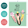 Load image into Gallery viewer, The cover of Tree-Free’s Shoes and Friends card with lines demonstrating its 5x7 dimensions, along with the following text: “100% PCW recycled paper, proudly made in the USA, sustainably printed on extra-thick card stock”