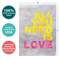 Load image into Gallery viewer, The cover of Tree-Free’s All You Need is Love card with lines demonstrating its 5x7 dimensions, along with the following text: “100% PCW recycled paper, proudly made in the USA, sustainably printed on extra-thick card stock”