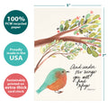 Load image into Gallery viewer, The cover of Tree-Free’s Under His Wings Support Card card with lines demonstrating its 5x7 dimensions, along with the following text: “100% PCW recycled paper, proudly made in the USA, sustainably printed on extra-thick card stock”
