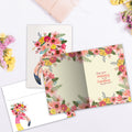 Load image into Gallery viewer, The inside of Tree-Free’s Fabulous Flamingo card, with the cover and envelope in the background.