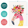 Load image into Gallery viewer, The cover of Tree-Free’s Fabulous Flamingo Birthday Card card with lines demonstrating its 5x7 dimensions, along with the following text: “100% PCW recycled paper, proudly made in the USA, sustainably printed on extra-thick card stock”