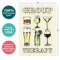 Load image into Gallery viewer, The cover of Tree-Free’s Group Therapy Birthday Card card with lines demonstrating its 5x7 dimensions, along with the following text: “100% PCW recycled paper, proudly made in the USA, sustainably printed on extra-thick card stock”