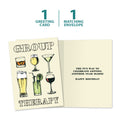 Load image into Gallery viewer, The cover and inside of Tree-Free’s Group Therapy Birthday Card card, along with the following text: “1 greeting card, 1 matching envelope”