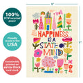 Load image into Gallery viewer, The cover of Tree-Free’s Happiness Collage card with lines demonstrating its 5x7 dimensions, along with the following text: “100% PCW recycled paper, proudly made in the USA, sustainably printed on extra-thick card stock”