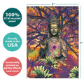 Load image into Gallery viewer, The cover of Tree-Free’s Healing Buddha card with lines demonstrating its 5x7 dimensions, along with the following text: “100% PCW recycled paper, proudly made in the USA, sustainably printed on extra-thick card stock”