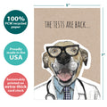 Load image into Gallery viewer, The cover of Tree-Free’s Dead In Dog Years card with lines demonstrating its 5x7 dimensions, along with the following text: “100% PCW recycled paper, proudly made in the USA, sustainably printed on extra-thick card stock”