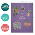 Load image into Gallery viewer, The cover of Tree-Free’s Hanging Plants card with lines demonstrating its 5x7 dimensions, along with the following text: “100% PCW recycled paper, proudly made in the USA, sustainably printed on extra-thick card stock”