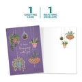 Load image into Gallery viewer, The cover and inside of Tree-Free’s Hanging Plants Thinking Of You Card card, along with the following text: “1 greeting card, 1 matching envelope”