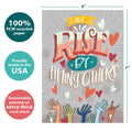 Load image into Gallery viewer, The cover of Tree-Free’s We Rise card with lines demonstrating its 5x7 dimensions, along with the following text: “100% PCW recycled paper, proudly made in the USA, sustainably printed on extra-thick card stock”