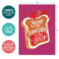 Load image into Gallery viewer, The cover of Tree-Free’s Peanut Butter and Jelly card with lines demonstrating its 5x7 dimensions, along with the following text: “100% PCW recycled paper, proudly made in the USA, sustainably printed on extra-thick card stock”
