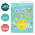 Load image into Gallery viewer, The cover of Tree-Free’s Keep On Shining Thinking Of You Card card with lines demonstrating its 5x7 dimensions, along with the following text: “100% PCW recycled paper, proudly made in the USA, sustainably printed on extra-thick card stock”