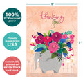 Load image into Gallery viewer, The cover of Tree-Free’s Floral Bouquet Elephant card with lines demonstrating its 5x7 dimensions, along with the following text: “100% PCW recycled paper, proudly made in the USA, sustainably printed on extra-thick card stock”