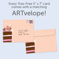 Load image into Gallery viewer, The envelope for Tree-Free’s Party With Cake card, along with the following text: “Every Tree-Free 5x7 card comes with a matching ARTvelope!”