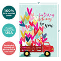 Load image into Gallery viewer, The cover of Tree-Free’s Special Delivery card with lines demonstrating its 5x7 dimensions, along with the following text: “100% PCW recycled paper, proudly made in the USA, sustainably printed on extra-thick card stock”