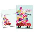Load image into Gallery viewer, Cover of Special Delivery Birthday card (featuring script text above artwork of a truck transporting a large pile of hearts) and its matching envelope