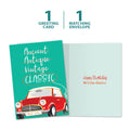 Load image into Gallery viewer, The cover and inside of Tree-Free’s Classic Car card, along with the following text: “1 greeting card, 1 matching envelope”