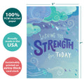 Load image into Gallery viewer, The cover of Tree-Free’s Strength for Today card with lines demonstrating its 5x7 dimensions, along with the following text: “100% PCW recycled paper, proudly made in the USA, sustainably printed on extra-thick card stock”