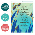 Load image into Gallery viewer, The cover of Tree-Free’s Loved Ones Never Leave Us Sympathy Card card with lines demonstrating its 5x7 dimensions, along with the following text: “100% PCW recycled paper, proudly made in the USA, sustainably printed on extra-thick card stock”