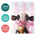 Load image into Gallery viewer, The cover of Tree-Free’s Moo-Licious Birthday Card card with lines demonstrating its 5x7 dimensions, along with the following text: “100% PCW recycled paper, proudly made in the USA, sustainably printed on extra-thick card stock”