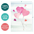 Load image into Gallery viewer, The cover of Tree-Free’s Heart Balloons card with lines demonstrating its 5x7 dimensions, along with the following text: “100% PCW recycled paper, proudly made in the USA, sustainably printed on extra-thick card stock”
