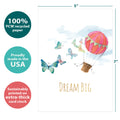 Load image into Gallery viewer, The cover of Tree-Free’s Dream Big Balloons card with lines demonstrating its 5x7 dimensions, along with the following text: “100% PCW recycled paper, proudly made in the USA, sustainably printed on extra-thick card stock”