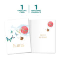 Load image into Gallery viewer, The cover and inside of Tree-Free’s Dream Big Balloons card, along with the following text: “1 greeting card, 1 matching envelope”