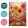 Load image into Gallery viewer, The cover of Tree-Free’s Pumpkins and Sunflowers card with lines demonstrating its 5x7 dimensions, along with the following text: “100% PCW recycled paper, proudly made in the USA, sustainably printed on extra-thick card stock”