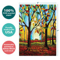 Load image into Gallery viewer, The cover of Tree-Free’s Season Of The Soul Thanksgiving Card card with lines demonstrating its 5x7 dimensions, along with the following text: “100% PCW recycled paper, proudly made in the USA, sustainably printed on extra-thick card stock”
