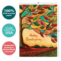 Load image into Gallery viewer, The cover of Tree-Free’s Fall Colors Thanksgiving Card card with lines demonstrating its 5x7 dimensions, along with the following text: “100% PCW recycled paper, proudly made in the USA, sustainably printed on extra-thick card stock”