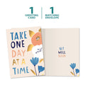 Load image into Gallery viewer, The cover and inside of Tree-Free’s One Day At A Time Get Well Card card, along with the following text: “1 greeting card, 1 matching envelope”