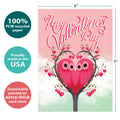 Load image into Gallery viewer, The cover of Tree-Free’s Owl Pair card with lines demonstrating its 5x7 dimensions, along with the following text: “100% PCW recycled paper, proudly made in the USA, sustainably printed on extra-thick card stock”